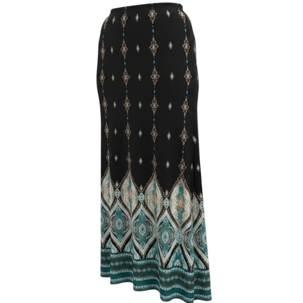 Chico's Maxi Skirt Women Size 2 (US 12/14) Black Teal Medallion Boho Travel Wear